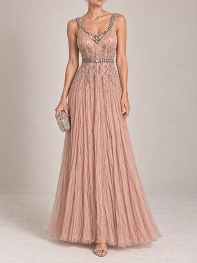 MIGNON VM570 Powder Pink 100% Silk Beaded Rhinestone Crystal Dress SZ 0 NWT